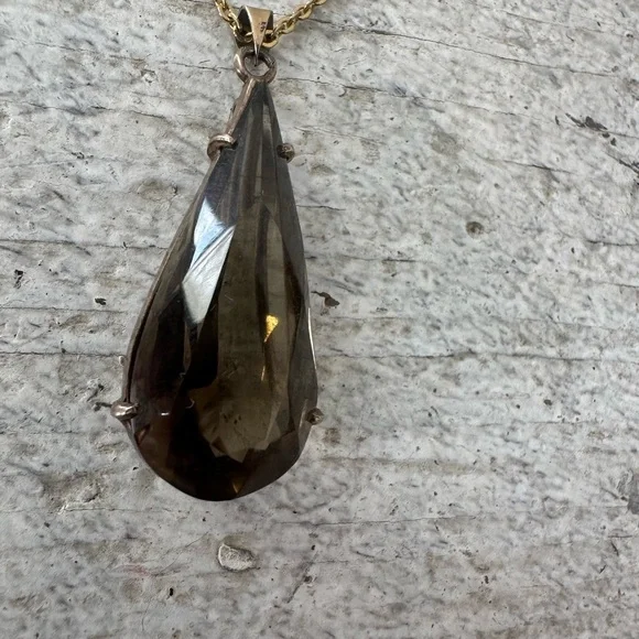 Vintage Sterling Modernist Smokey Quartz Pendant With Gold Tone Chain